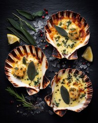 Baked scallops in shell with sage and lemon wedges overhead studio shot on black slate background gourmet seafood