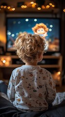 Toddler engrossed in watching animation on TV at home