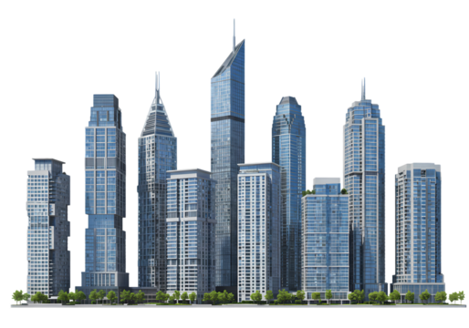 Modern City Skyline HighRise Buildings Urban Architecture Skyscrapers Cityscape Downtown Metropolis Architectural Design Real Estate City Views isolated on transparent background