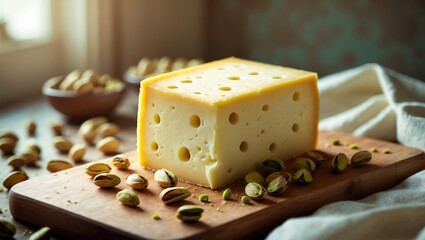 On a wooden cutting board, a block of creamy white cheese is showcased, surrounded by scattered pistachios. The inviting atmosphere is enhanced by the warm ambiance.