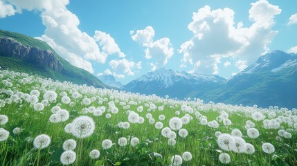 Mountain meadow full of dandelions under a vibrant sky