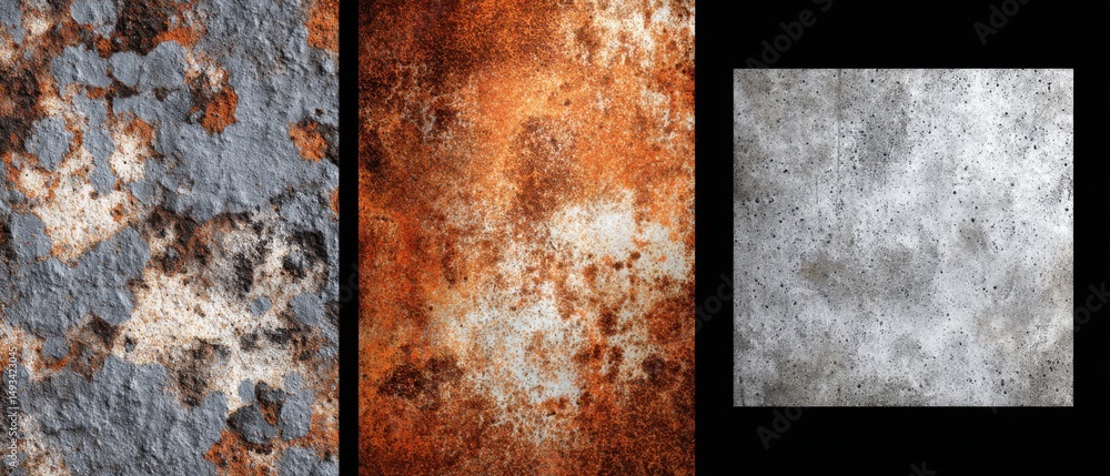 Poster three textures side by side showing rust rock and concrete in a studio shot with a dark background