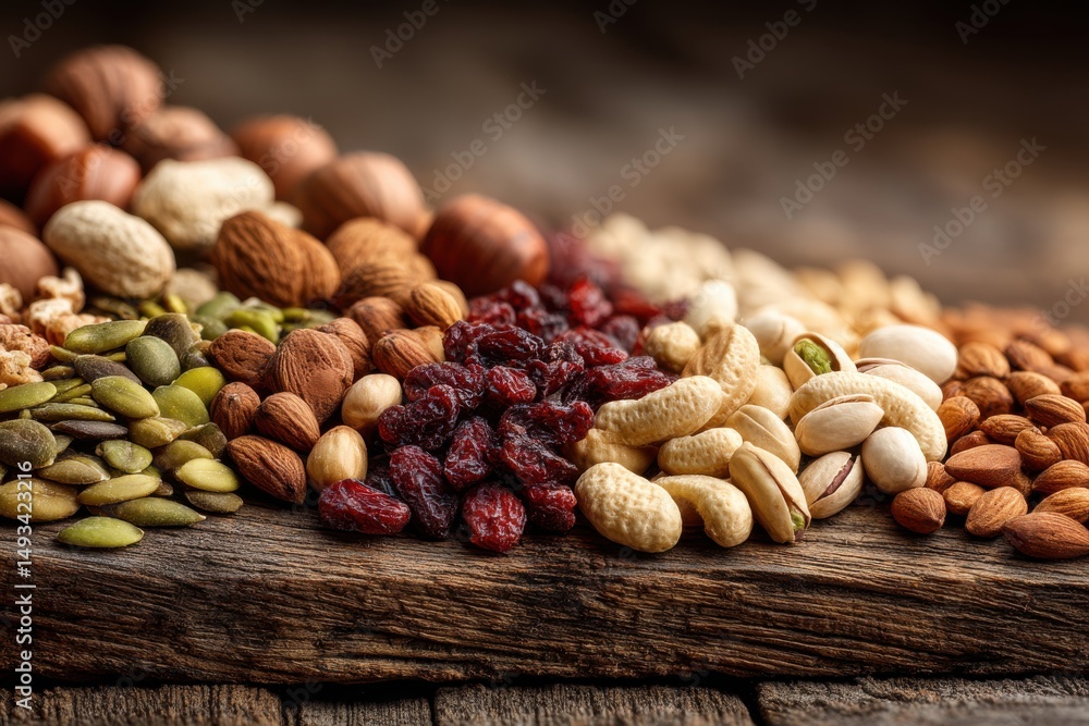 Poster a colorful and appetizing mix of nuts and dried cranberries displayed on a rustic wooden surface, of