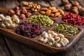 A Wooden tray containing an assortment of nuts, dried fruits, and seeds in a visually appealing and nutritious snack selection with various textures and colors.