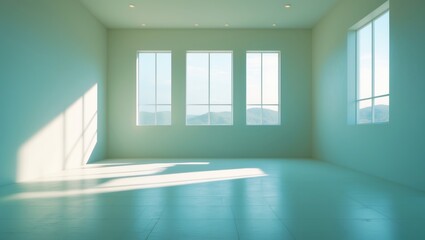 Fototapeta premium An airy, refurbished room with large windows, white walls, and an incomplete floor, letting in abundant natural light. Suitable for commercial or office purposes, demonstrating a flexible and open