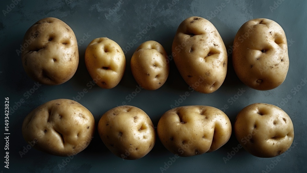 Aufkleber various potatoes of different sizes and shapes are placed on a counter.