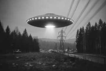 Obraz premium A mysterious UFO hovers over a rural landscape, casting a beam of light over power lines and a forest, captured in a dramatic black and white scene, alien encounter.