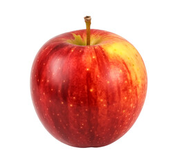 Bright image of red apple with yellow undertones on white background smooth skin upright brown stem