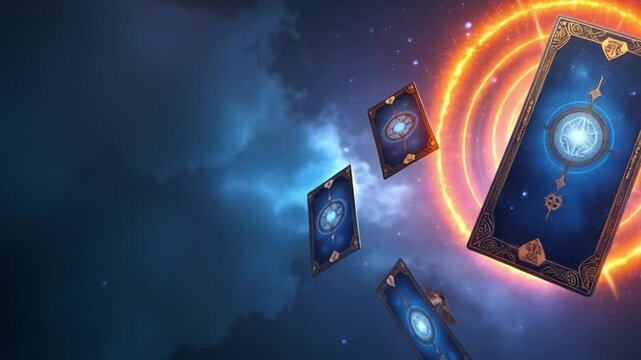Flying tarot cards with glowing magical rings in cosmic starry background, mystical and enchanting atmosphere