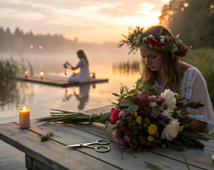 Young women in traditional dresses weaving flower wreaths by a lake at sunset, romantic atmosphere.