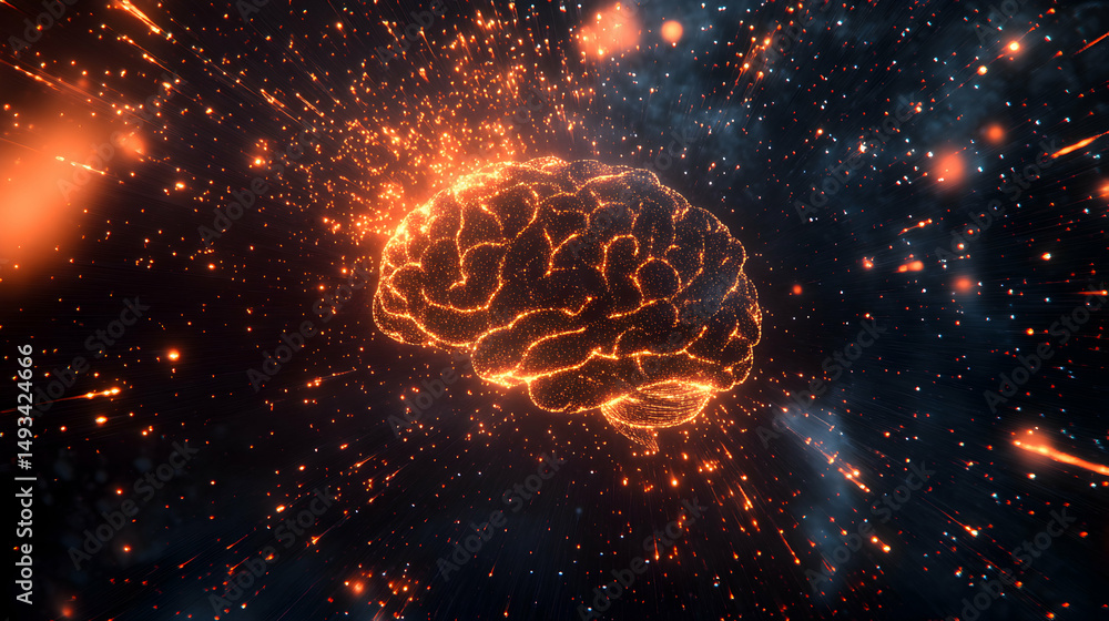 Poster glowing brain concept with cosmic elements and explosive background