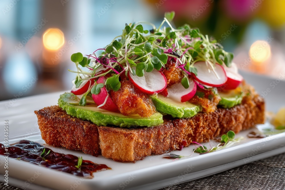 Poster a delectable avocado toast with crispy fried bread, radish and microgreens, creating a visually stun