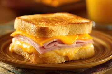 Close Up of Ham and Cheese Sandwich on Plate with Orange Juice in Background Studio Shot
