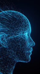 Obraz premium AI Face: Futuristic Technology, Data Mesh, and Digital Intelligence in Cyberpunk Style - Tech Art Illustration
