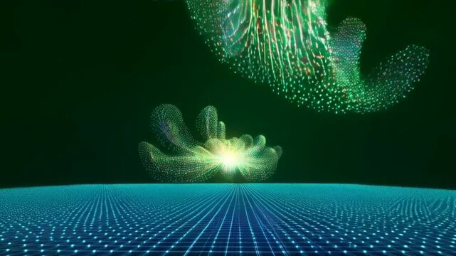 A digital brain network lighting up in synchronized motion across a virtual grid