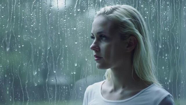 Young blonde woman in a light t-shirt stands by a window with raindrops, looking into the distance, blurred landscape outside, atmosphere of contemplation and rainy day