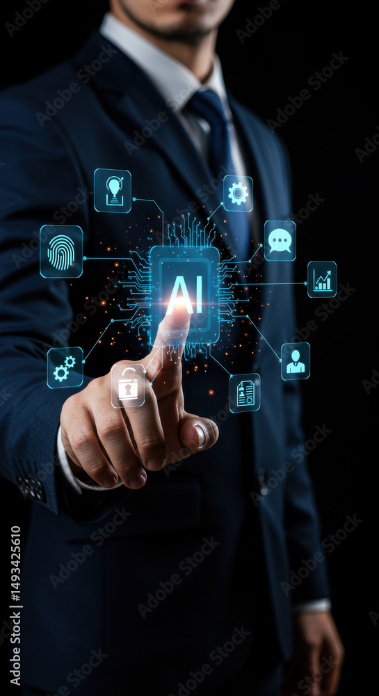 Poster ai innovation: businessman touching artificial intelligence interface for future technology solution