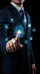 AI Innovation: Businessman Touching Artificial Intelligence Interface for Future Technology Solutions & Smart Business.