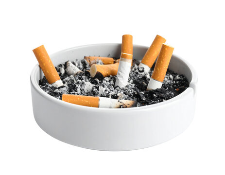 A white ashtray filled with cigarette butts and ashes.