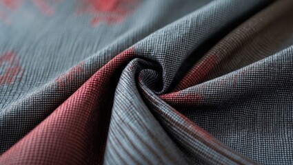 An up-close shot of a cloth displaying a refined grid design in gray and red tones. The intricate texture and soft shine lend the fabric a classy aesthetic.