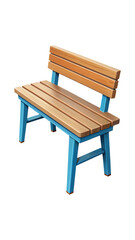 A beautiful light brown wooden bench with blue colored metal support structure