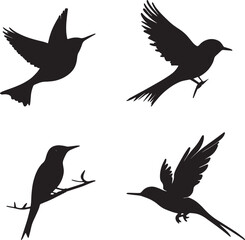 This artwork is digitally enhanced using AI and manually edited for quality. The image shows four black bird silhouettes in various flying poses.