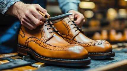 Craftsman meticulously finishes a pair of  handcrafted, light brown leather shoes with intricate detailing, showcasing superior quality and craftsmanship