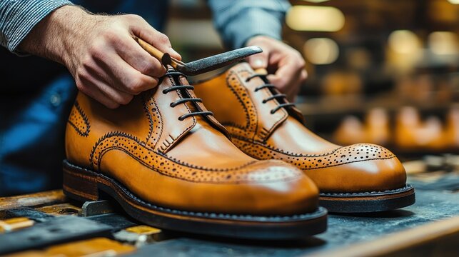 Craftsman meticulously finishes a pair of  handcrafted, light brown leather shoes with intricate detailing, showcasing superior quality and craftsmanship