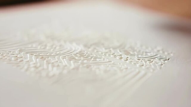 Close-up of a wooden printing press stamping a decorative pattern onto white paper, with light and shadows emphasizing the embossed design