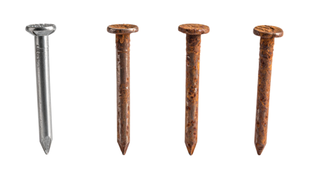 Four metal nails in different stages of rust and corrosion.