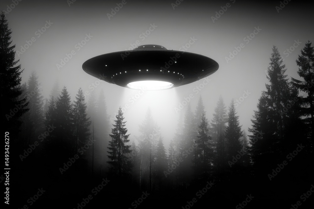 Poster black and white image depicting an unidentified flying object hovering over a foggy forest, creating
