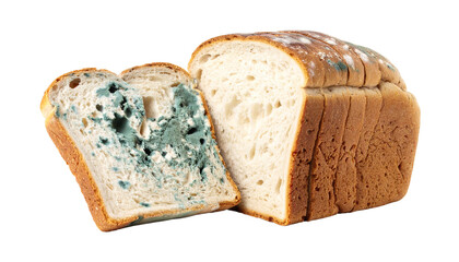 A loaf of sliced bread with visible mold growth on several slices.