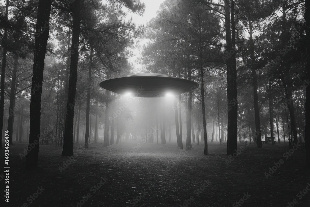 Poster a mysterious ufo hovers above a forest shrouded in fog, casting an ethereal glow, creating a scene o