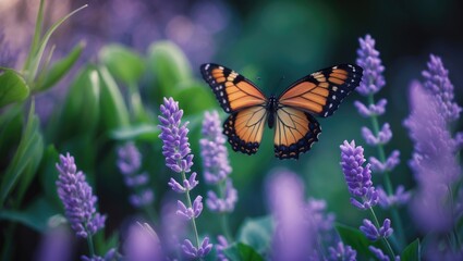 Fototapeta premium A close-up image showcasing a butterfly soaring over blooming flowers.