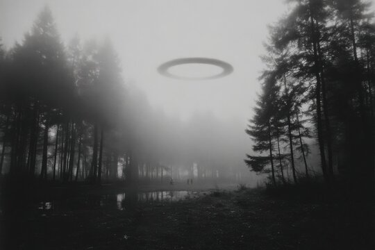 A mysterious monochrome landscape featuring a UFO sighting amidst a dense, foggy forest, creating an eerie and otherworldly atmosphere with silhouetted trees.