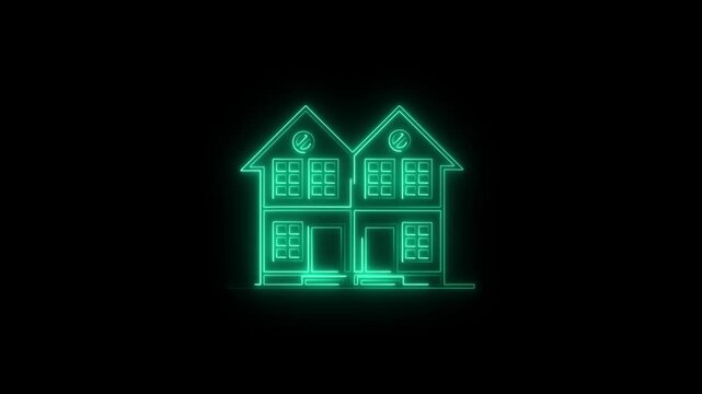 Duplex line animation. Double house animated icon. Building details showing up. Opening doors. Urban architecture, property. Outline element on white background. HD video with alpha channel