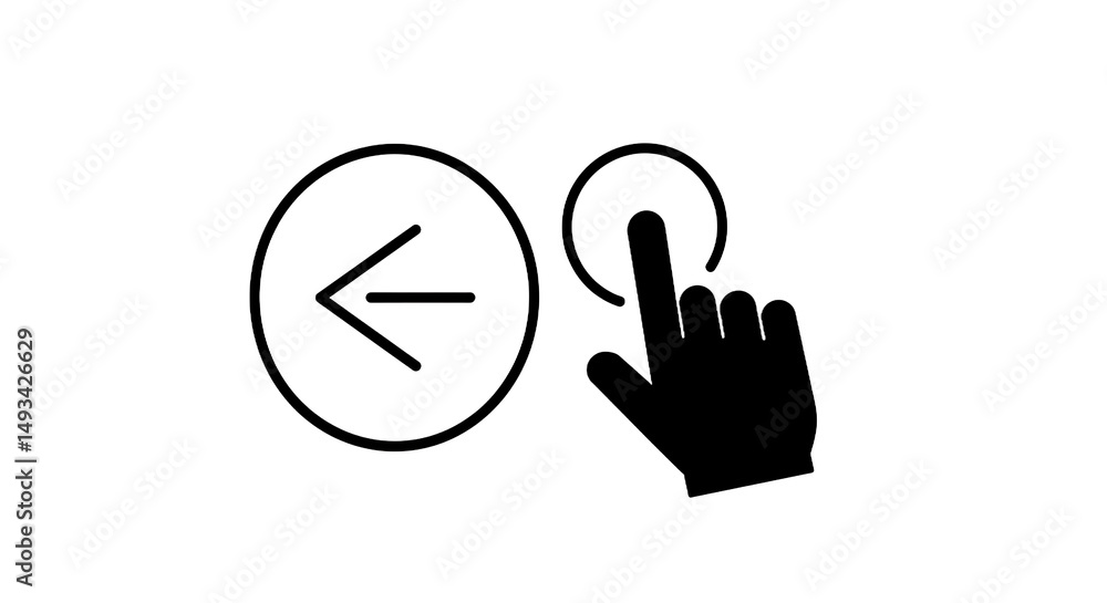 Poster hand touching circle with arrow pointing left on a black background simple design icon
