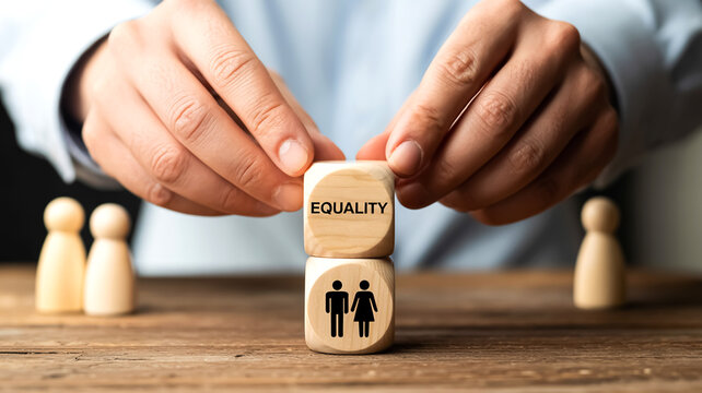 Equality is emphasized through symbolic wooden dice and focused hands gently conveying inclusion and gender parity with soft blur in the background