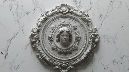 Ornate white plaster relief, feminine face, classical design