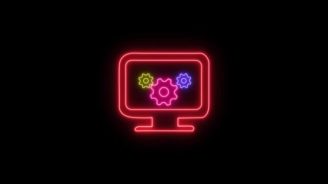Programming neon line animation. Software development animated icon. Spinning gear, rotating. Moving code brackets. Coding, cybersecurity. Isolated element on dark background. Alpha transparent vide
