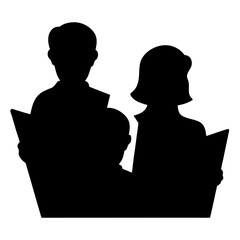 A family enjoying reading together, depicted as a black silhouette image