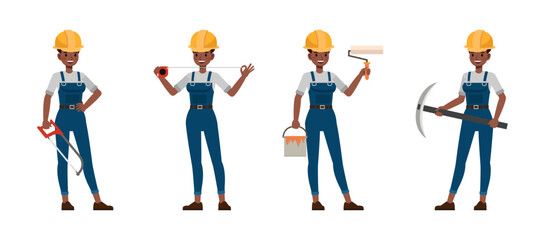 Women construction worker wear blue repairman apron, holding saw, tape measure and paint bucket. Character vector illustration design set.