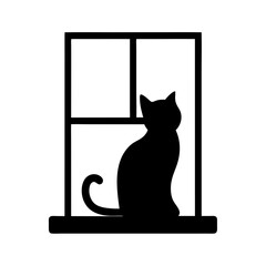 Silhouette of a black cat sitting in a window looking outward