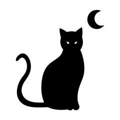 Silhouette of a Black Cat and Crescent Moon on White Background