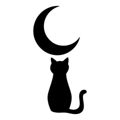 Silhouette of a cat gazing at the crescent moon in the sky