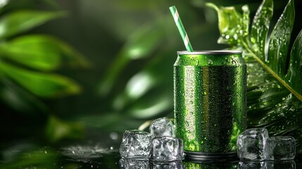 Refreshing green can with ice in lush foliage