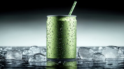 Refreshing, chilled green can on ice