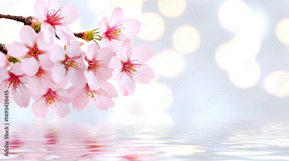 Poster delicate pink cherry blossom branch with reflections on a calm water surface and soft bokeh backgrou