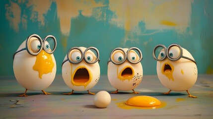 Obraz premium Four cartoon eggs with surprised expressions.