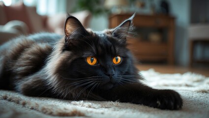 A lovely black cat with mesmerizing golden eyes resting on a comfy bed, captured up close. Great for pet, feline, and domestic animal photography focusing on peace and natural charm.
